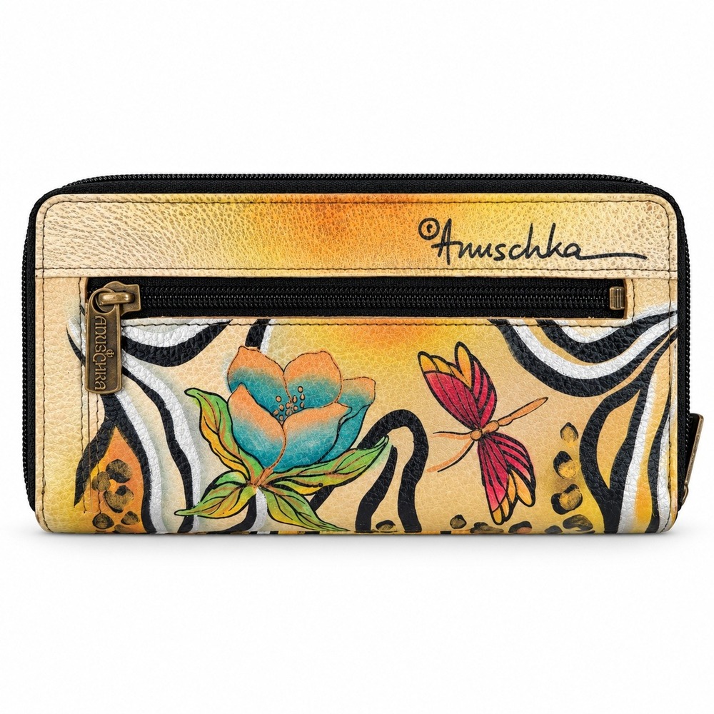 Anuschka Zip Around Wallet Hand Painted Leather Floral Dragonfly Boho 20697
